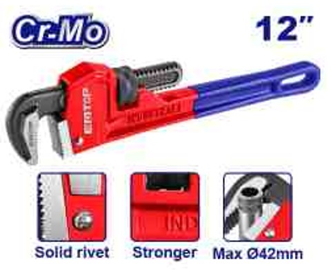 Professional 12" Pipe Wrench 300mm Max 42mm Clamping - Cr-Mo Mobile Jaw Ductile Cast Iron Black Finish Polish Solid Rivet Hand Tool Paper Card